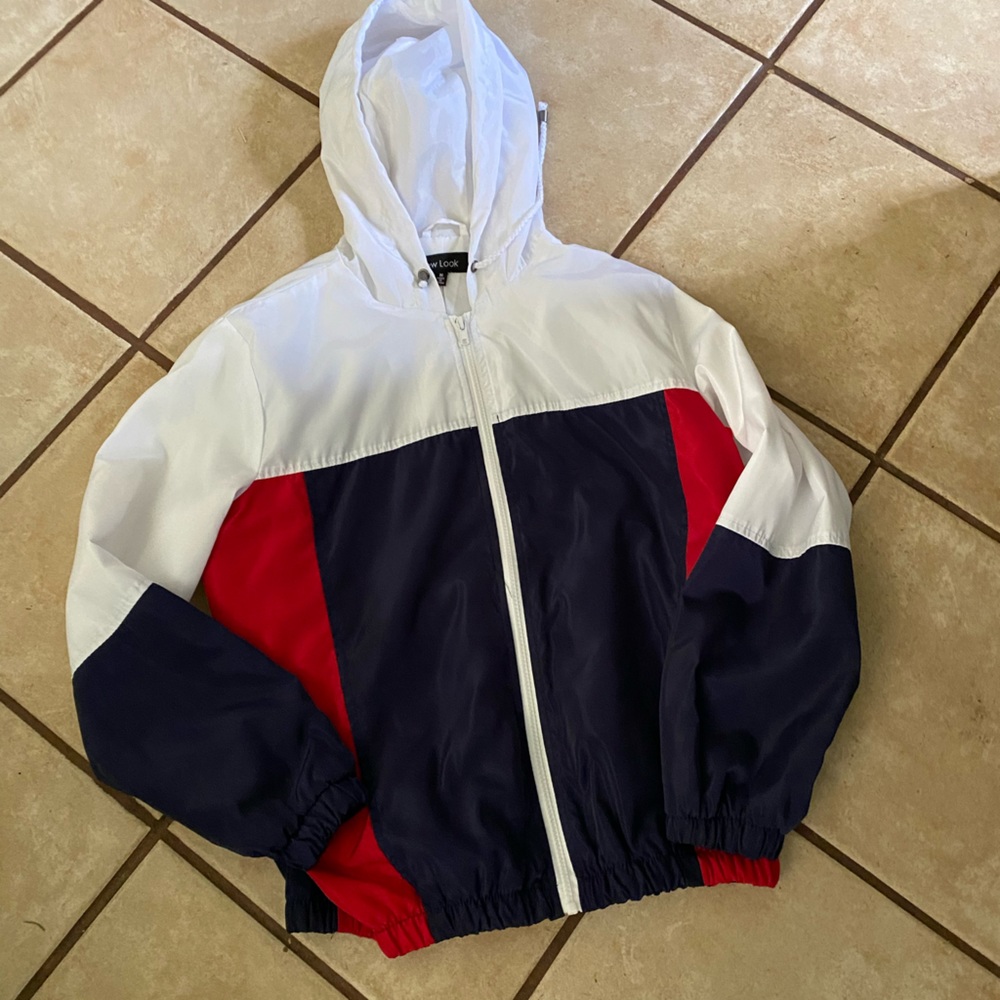 Mens Classic Lined Windbreaker Red White And Blue Hoodie Jacket Size Medium